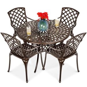 best choice products 5-piece all-weather outdoor cast aluminum dining set for patio, balcony, lawn, garden, backyard w/ 4 chairs, umbrella hole, lattice weave design – brown