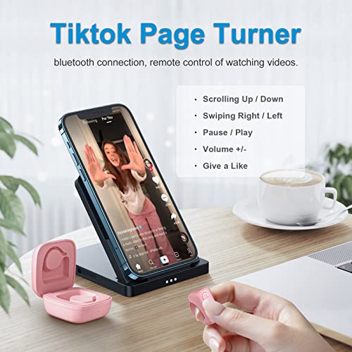 TikTok Remote Control Ring Kindle APP Page Turner, TIK Tok Scrolling Ring for Shutter Selfie Video Recording, Bluetooth Tiktok Clicker Finger Remote with Charging Case for iPad iPhone Android (Pink)