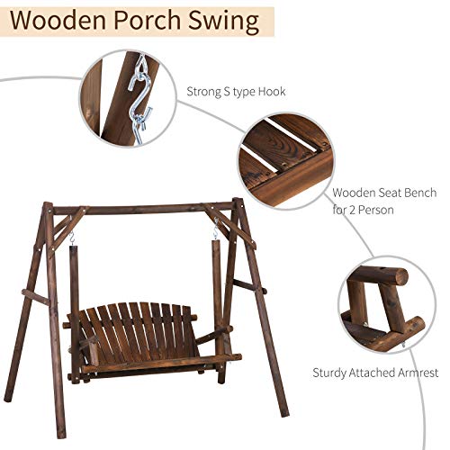 Outsunny 2-Seat Porch Swing with Stand, Wooden Patio Swing Chair Bench, for Garden, Poolside, Backyard, Carbonized