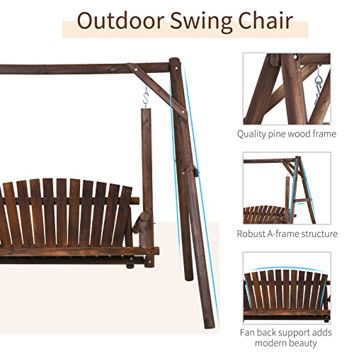 Outsunny 2-Seat Porch Swing with Stand, Wooden Patio Swing Chair Bench, for Garden, Poolside, Backyard, Carbonized