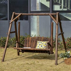 Outsunny 2-Seat Porch Swing with Stand, Wooden Patio Swing Chair Bench, for Garden, Poolside, Backyard, Carbonized