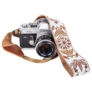 art tribute white woven vintage camera strap for all dslr camera. embroidered elegant universal neck & shoulder strap, floral pattern, great gift for men & women photographers