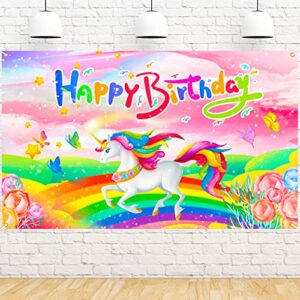 ufocusmi rainbow unicorn happy birthday backdrop, unicorn birthday decorations for girls, unicorn themed party background banner 6×3.6 feet