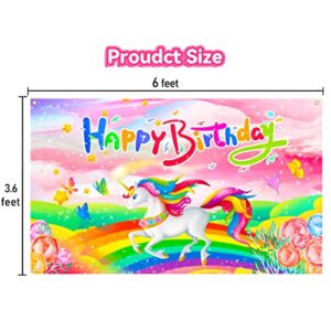 Ufocusmi Rainbow Unicorn Happy Birthday Backdrop, Unicorn Birthday Decorations for Girls, Unicorn Themed Party Background Banner 6x3.6 Feet