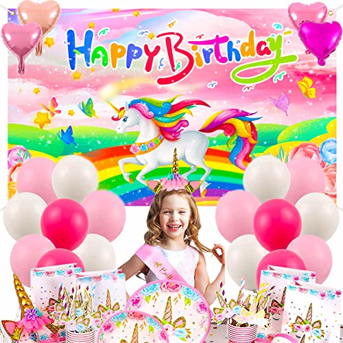 Ufocusmi Rainbow Unicorn Happy Birthday Backdrop, Unicorn Birthday Decorations for Girls, Unicorn Themed Party Background Banner 6x3.6 Feet