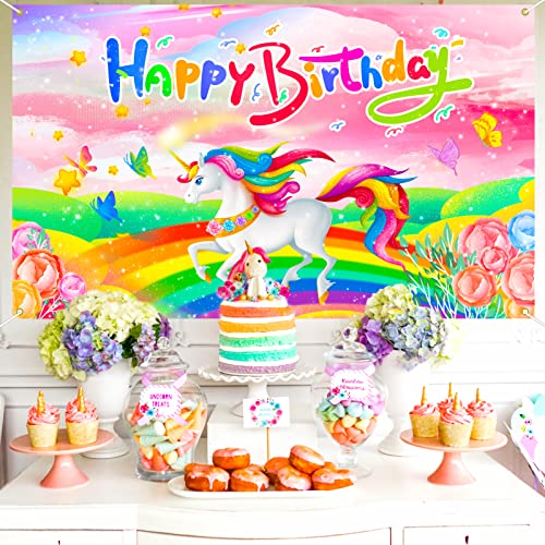 Ufocusmi Rainbow Unicorn Happy Birthday Backdrop, Unicorn Birthday Decorations for Girls, Unicorn Themed Party Background Banner 6x3.6 Feet