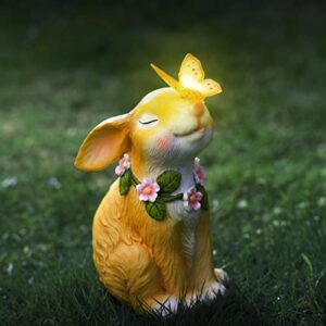 togyeuk rabbit garden statue,large easter bunny statue,resin outdoor rabbit figurines with solar butterfly light,bunny decor for yard lawn,animal figurine ornament for hanksgiving day, christmas