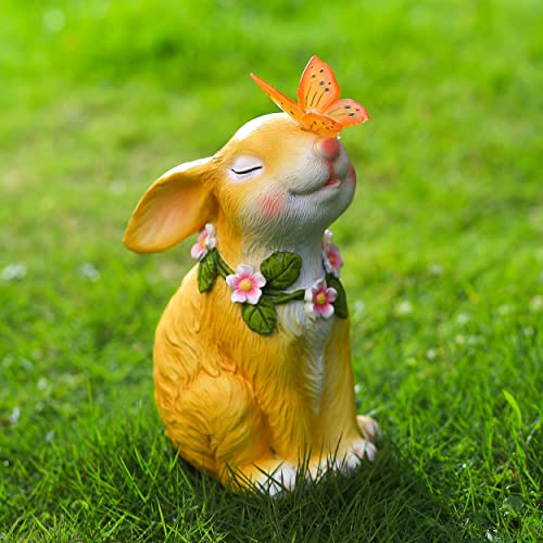 TOGYEUK Rabbit Garden Statue,Large Easter Bunny Statue,Resin Outdoor Rabbit Figurines with Solar Butterfly Light,Bunny Decor for Yard Lawn,Animal Figurine Ornament for hanksgiving Day, Christmas