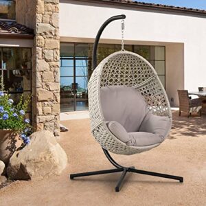 PRIVATE GARDEN Large Hanging Egg Chair with Stand Upgraded Wicker Egg Swing Chair Outdoor Indoor PE Rattan Hanging Chair with Grey Comfort Cushion Heavy Duty C-Stand