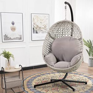 PRIVATE GARDEN Large Hanging Egg Chair with Stand Upgraded Wicker Egg Swing Chair Outdoor Indoor PE Rattan Hanging Chair with Grey Comfort Cushion Heavy Duty C-Stand