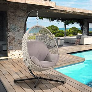 PRIVATE GARDEN Large Hanging Egg Chair with Stand Upgraded Wicker Egg Swing Chair Outdoor Indoor PE Rattan Hanging Chair with Grey Comfort Cushion Heavy Duty C-Stand