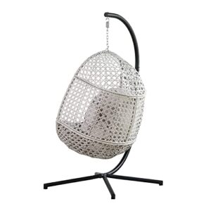 PRIVATE GARDEN Large Hanging Egg Chair with Stand Upgraded Wicker Egg Swing Chair Outdoor Indoor PE Rattan Hanging Chair with Grey Comfort Cushion Heavy Duty C-Stand