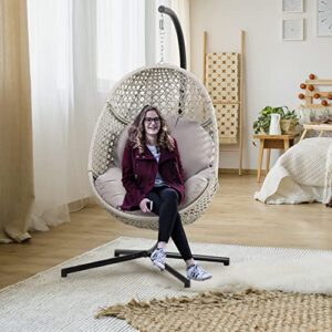 PRIVATE GARDEN Large Hanging Egg Chair with Stand Upgraded Wicker Egg Swing Chair Outdoor Indoor PE Rattan Hanging Chair with Grey Comfort Cushion Heavy Duty C-Stand