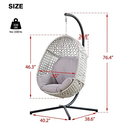 PRIVATE GARDEN Large Hanging Egg Chair with Stand Upgraded Wicker Egg Swing Chair Outdoor Indoor PE Rattan Hanging Chair with Grey Comfort Cushion Heavy Duty C-Stand