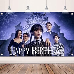 wednesday new addams party supplies, happy birthday backdrop for wednesday party decorations, 5 x 3ft birthday banner for girls boys kids birthday party decor