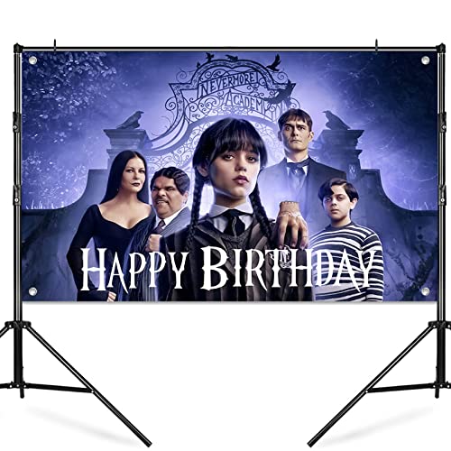 Wednesday New Addams Party Supplies, Happy Birthday Backdrop for Wednesday Party Decorations, 5 x 3FT Birthday Banner for Girls Boys Kids Birthday Party Decor