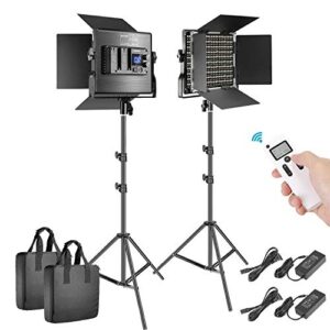 neewer 2 packs advanced 2.4g 660 led video light photography lighting kit, dimmable bi-color led panel with lcd screen, 2.4g wireless remote and light stand for portrait product photography