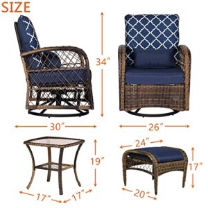 Rotihom 5 Piece Swivel Rocking Chair Set,Rattan Furniture Set with Glass Table and Ottoman,Patio Bistro Set for Garden,Backyard,Front Porch, Balcony