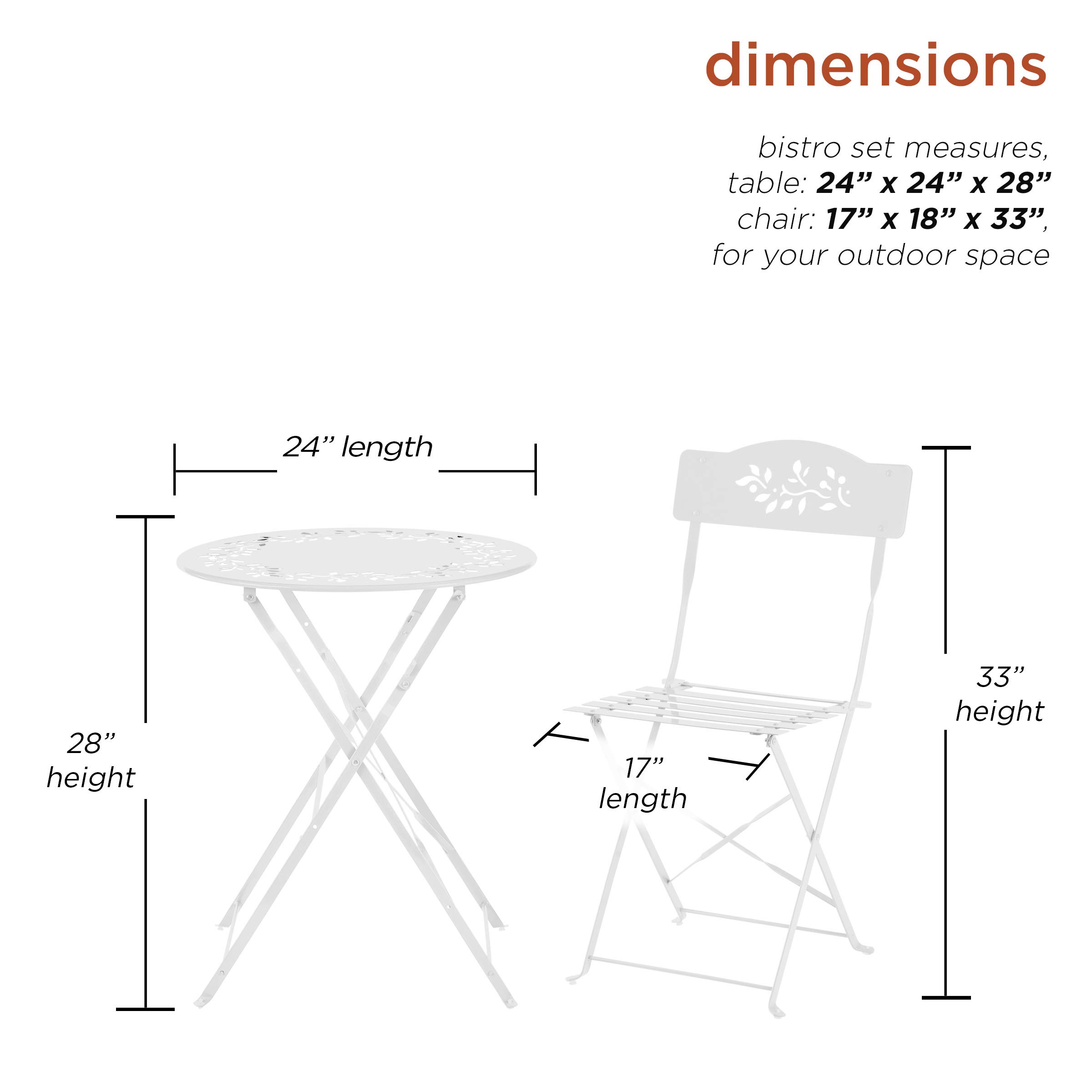 Alpine Corporation MSY100A-WT Alpine Bistro Set, Table: 24" L x 24" W x 28" H Chair: 17" L 18" W x 33" H, White