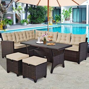 tangkula 5 pcs patio furniture set, outdoor conversation set with 6 cushioned seat 2 ottomans & coffee table, all weather wicker dining table set with ottoman, rattan sectional couch sofa set