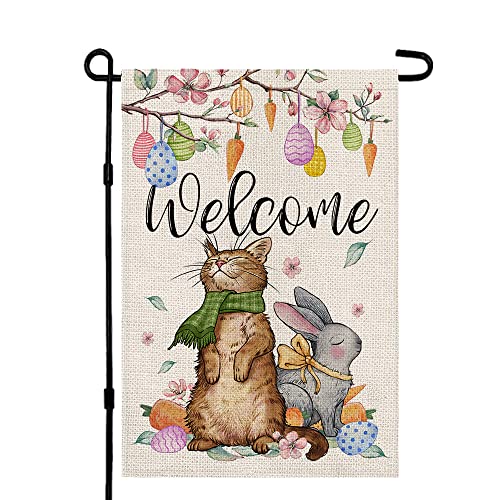 CROWNED BEAUTY Easter Garden Flag 12×18 Inch Double Sided Cat Bunny under Egg Tree Welcome Outside Vertical Small Holiday Yard Decoration