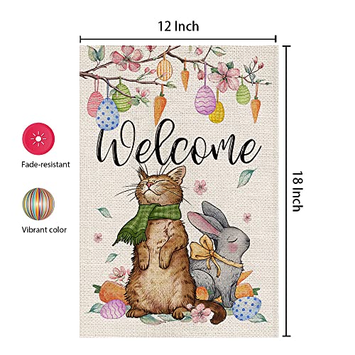 CROWNED BEAUTY Easter Garden Flag 12×18 Inch Double Sided Cat Bunny under Egg Tree Welcome Outside Vertical Small Holiday Yard Decoration