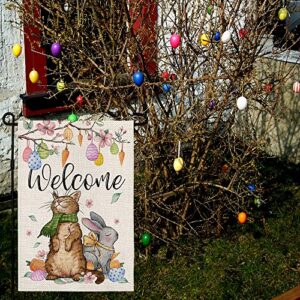 CROWNED BEAUTY Easter Garden Flag 12×18 Inch Double Sided Cat Bunny under Egg Tree Welcome Outside Vertical Small Holiday Yard Decoration