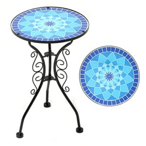 HL3NIGIM Outdoor Side Table, 14" Round Mosaic Patio Side Table Accent Table Bistro Coffee Glass Table Plant Stand for Garden Porch Living Room Balcony Deck Porch Pool