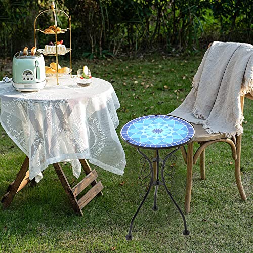 HL3NIGIM Outdoor Side Table, 14" Round Mosaic Patio Side Table Accent Table Bistro Coffee Glass Table Plant Stand for Garden Porch Living Room Balcony Deck Porch Pool