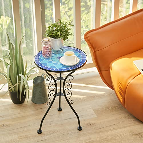 HL3NIGIM Outdoor Side Table, 14" Round Mosaic Patio Side Table Accent Table Bistro Coffee Glass Table Plant Stand for Garden Porch Living Room Balcony Deck Porch Pool