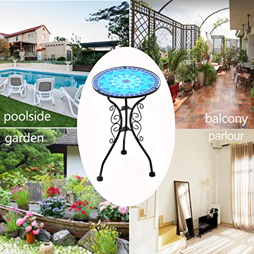 HL3NIGIM Outdoor Side Table, 14" Round Mosaic Patio Side Table Accent Table Bistro Coffee Glass Table Plant Stand for Garden Porch Living Room Balcony Deck Porch Pool