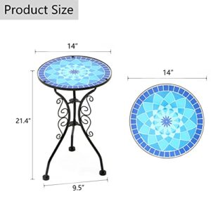 HL3NIGIM Outdoor Side Table, 14" Round Mosaic Patio Side Table Accent Table Bistro Coffee Glass Table Plant Stand for Garden Porch Living Room Balcony Deck Porch Pool