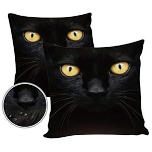 Pack of 2 Outdoor Waterproof Pillow Covers Black Cat Face Decorative Garden Cushion Case Yellow Eyes Throw Pillow Covers for Patio Furniture Couch Sofa, 16x16inch