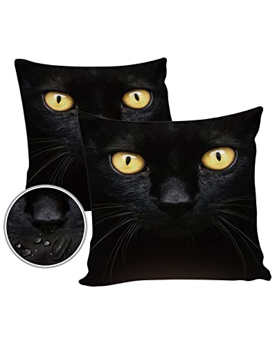 Pack of 2 Outdoor Waterproof Pillow Covers Black Cat Face Decorative Garden Cushion Case Yellow Eyes Throw Pillow Covers for Patio Furniture Couch Sofa, 16x16inch