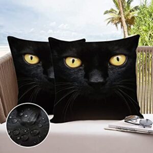 Pack of 2 Outdoor Waterproof Pillow Covers Black Cat Face Decorative Garden Cushion Case Yellow Eyes Throw Pillow Covers for Patio Furniture Couch Sofa, 16x16inch