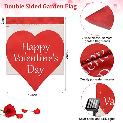 22 LED Solar Valentine's Day Garden Flag 8 Lighting Modes 12 x 18 Inch Double Sided Vertical Red Love Heart Garden Flag for Valentine's Day Garden Outdoor Yard Light Decoration