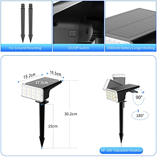 Punoge Outdoor Landscape Spotlights: Monocrystalline Solar Panel, IP67 Waterproof, Auto On/Off, Brightness Adjustable, 6500K Daylight White LED, Ground Stake & Wall Mount, for Garden Backyard, 2 Pack