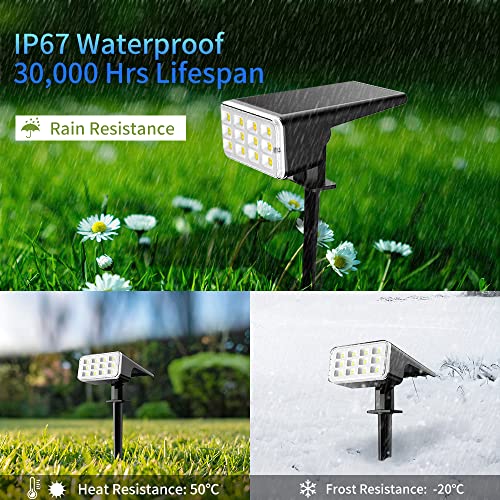 Punoge Outdoor Landscape Spotlights: Monocrystalline Solar Panel, IP67 Waterproof, Auto On/Off, Brightness Adjustable, 6500K Daylight White LED, Ground Stake & Wall Mount, for Garden Backyard, 2 Pack