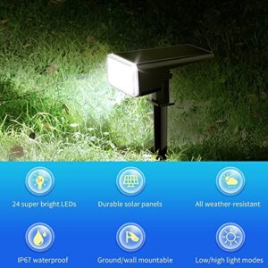 Punoge Outdoor Landscape Spotlights: Monocrystalline Solar Panel, IP67 Waterproof, Auto On/Off, Brightness Adjustable, 6500K Daylight White LED, Ground Stake & Wall Mount, for Garden Backyard, 2 Pack