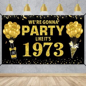 large 50th birthday banner backdrop decorations for men, black gold we’re gonna party like it’s 1973 sign happy 50 birthday poster party supplies, fifty birthday background decor for indoor outdoor
