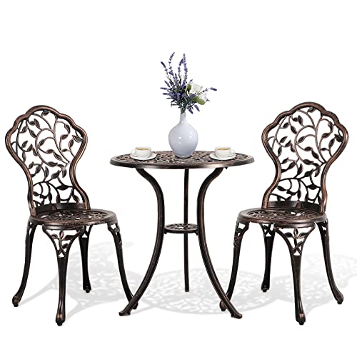 Verano Garden 3 Piece Outdoor Bistro Set Rust-Resistant Cast Aluminum Patio Bistro Set Antique Finish, Weather Resistant Patio Table and Chairs,Outdoor/Indoor Use,Bronze