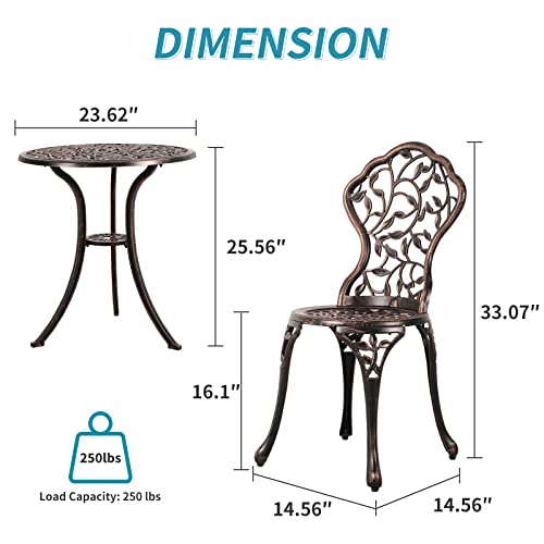 Verano Garden 3 Piece Outdoor Bistro Set Rust-Resistant Cast Aluminum Patio Bistro Set Antique Finish, Weather Resistant Patio Table and Chairs,Outdoor/Indoor Use,Bronze