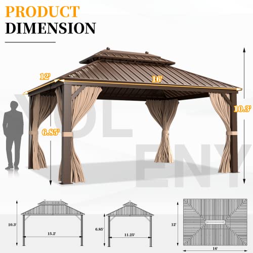 YOLENY 12' x 16' Hardtop Gazebo with Galvanized Steel Double Roof, Pergolas Aluminum Frame, Netting and Curtains Included, Metal Outdoor Gazebos for Garden, Patios, Lawns, Parties