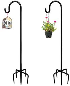 artigarden 60 inch outdoor shepherd hook with 5 prong base (2 packs), adjustable heavy duty garden hanging stake for bird feeder solar light plant hanger wedding decor, matte black