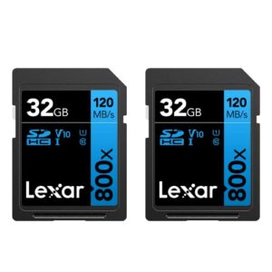 lexar high-performance 800x 32gb (2-pack) sdxc uhs-i memory cards, c10, u1, v10, full-hd & 4k video, up to 120mb/s read, for point-and-shoot cameras, mid-range dslr, hd camcorder (lsd0800032g-b2nnu)