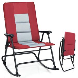 giantex camping rocking chair foldable oversized with padded armrest and seat folding lawn chair 350 lbs weight capacity for outdoor, patio, lawn, backyard, garden portable chair (1, red)