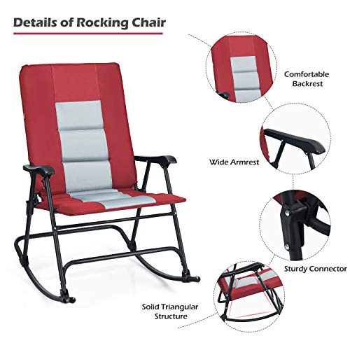 Giantex Camping Rocking Chair Foldable Oversized with Padded Armrest and Seat Folding Lawn Chair 350 lbs Weight Capacity for Outdoor, Patio, Lawn, Backyard, Garden Portable Chair (1, Red)