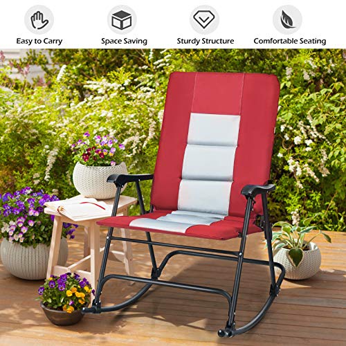 Giantex Camping Rocking Chair Foldable Oversized with Padded Armrest and Seat Folding Lawn Chair 350 lbs Weight Capacity for Outdoor, Patio, Lawn, Backyard, Garden Portable Chair (1, Red)