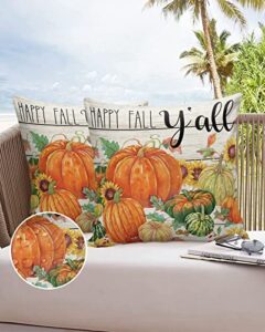 fall thanksgiving pumpkin outdoor pillow cover 16×16 inch cushion sham case,happy autumn all yall farmhouse waterproof decorative square throw pillowcase for garden patio porch couch chair tent
