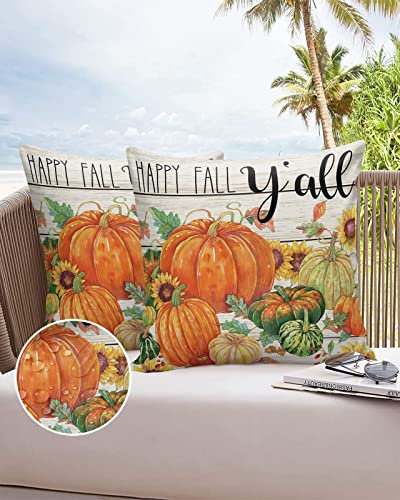 Fall Thanksgiving Pumpkin Outdoor Pillow Cover 16x16 Inch Cushion Sham Case,Happy Autumn All Yall Farmhouse Waterproof Decorative Square Throw Pillowcase for Garden Patio Porch Couch Chair Tent